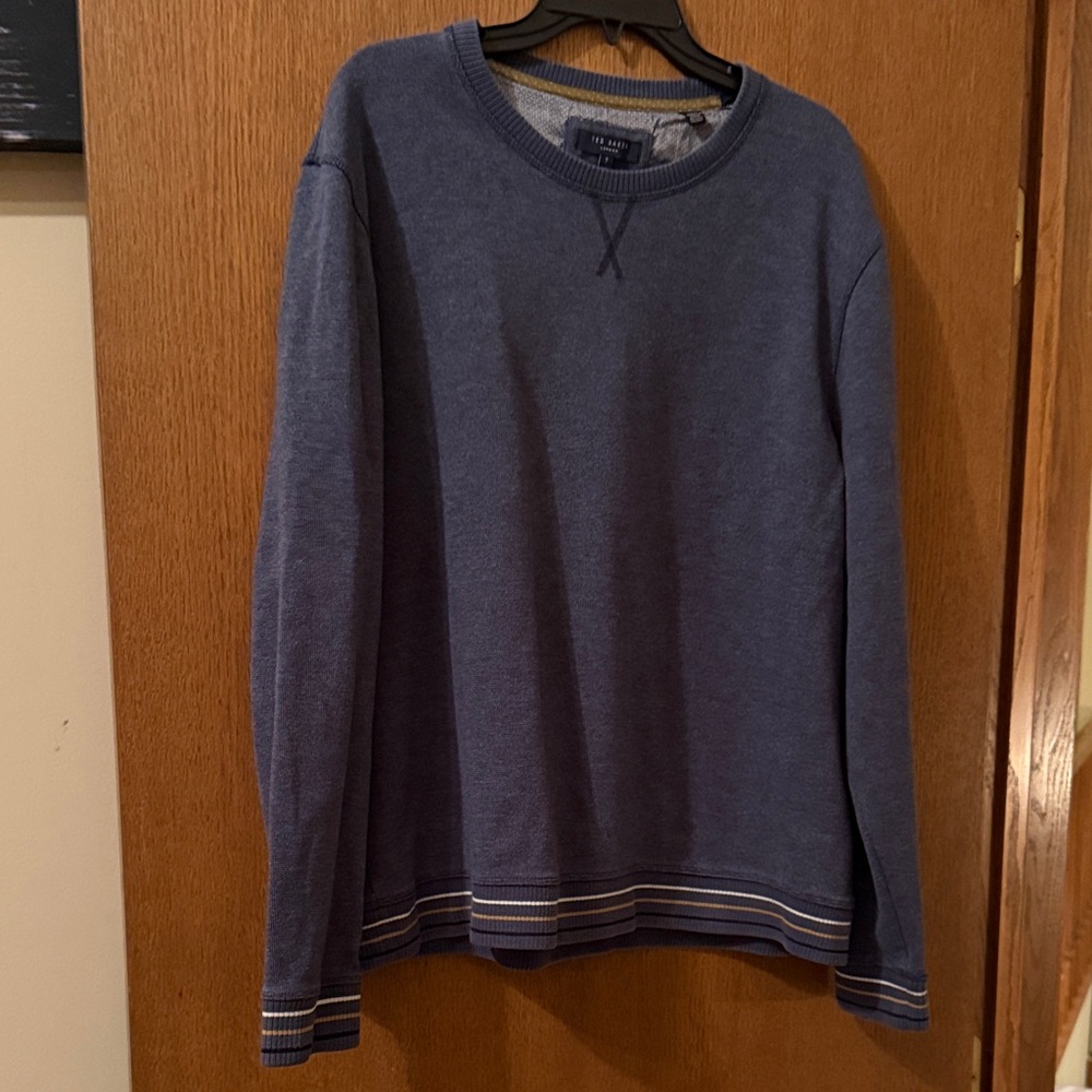 Ted Baker Men's Blue Crewneck Sweater with Striped Hem